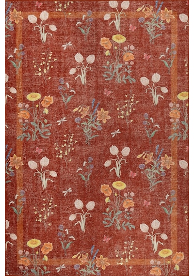 Florart Kiremit / Turuncu Doğa Temalı Çiçekli Dokuma Tabanlı Modern Şönil Halı Al 492 Kiremit