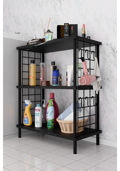 3raflı Telli Çevir Kur Çok Amaçlı Banyo Rafı Dolabı Metal Gövdeli Organizer Düzenleyici Saklama Rafı Siyah