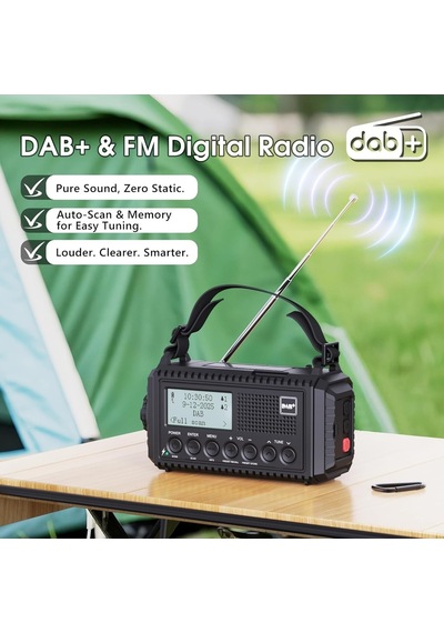 Rocam Dab/dab+/fm 5000 Mah Güneş Enerjili Dijital Acil Durum Radyosu Alarm Saatli Radyolar Siyah