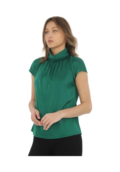 Yaka Drape Detaylı Saten Bluz 01-yeşil