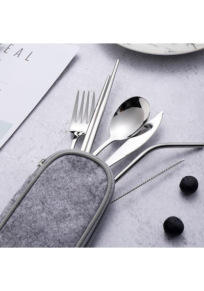 Valkyrie 8 Parça Çantalı Yolculuk Çatal Bıçak Kaşık Pipet Chopstick Seti Kamp Okul Ofis Tatil Paslanmaz Çelik Metal Metalik