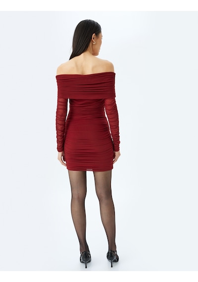 Koton Madonna Yaka Drapeli Uzun Kollu Slim Fit Tül Bodycon Elbise Bordo 5wak80100fk Bordo