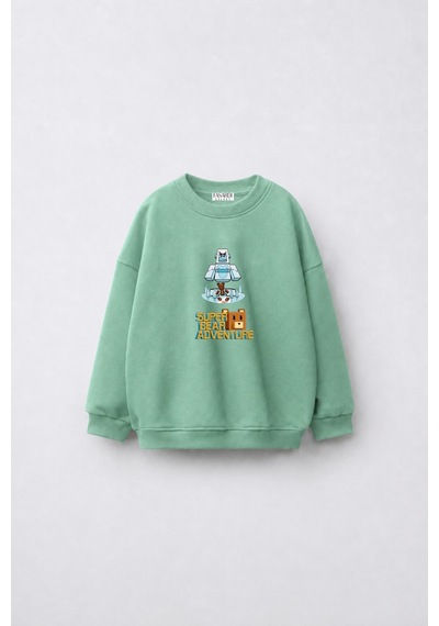 Fasardi Super Bear Adventure Baskılı Oversize 3 İplik Şardonsuz Uzun Kollu Unisex Çocuk Sweatshirt Mint
