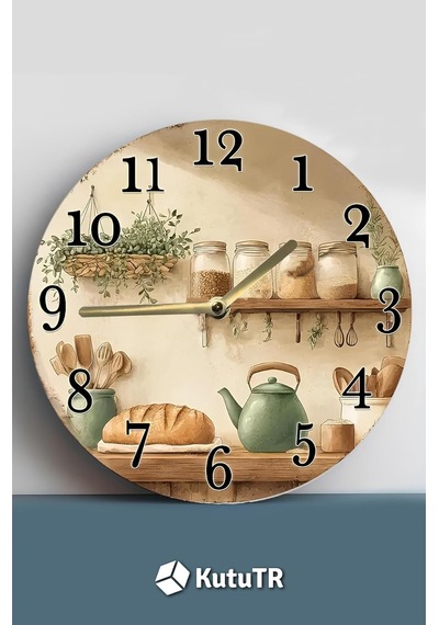 Kututr Nostaljik Raflı Mutfak Temalı Mdf Saat / Çift Katmanlı / 33 Cm / Country Tarz Dekor Sdw356 Diğer