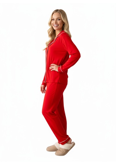 Merlot Kırmızı Düğmeli Biyeli Uzun Pijama Takımı
