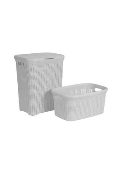 Hasır Desenli Plastik Beyaz Çamaşır Sepeti & Beyaz Çamaşır Selesi Beyaz