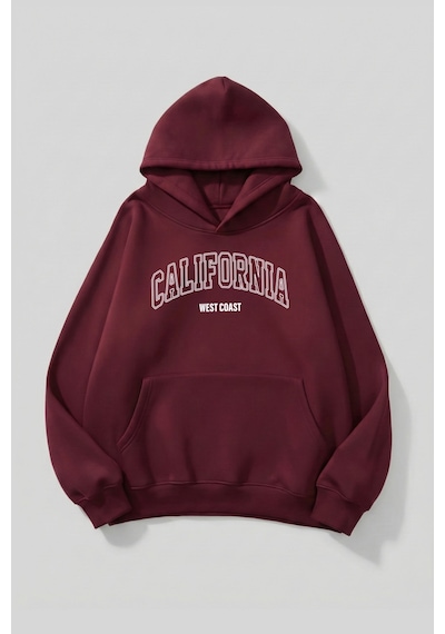 Uyguntarz Unisex Yumuşak Dokulu Caliwest Baskılı Tasarım Oversize 3 İplik Hoodie Sweatshirt Bordo