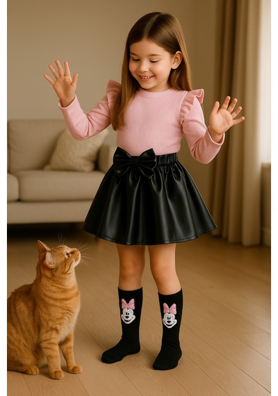 Özge Başaran Deri Etek, Pembe Badi Ve Diz Altı Çorap Takım 6-9 Aydan 6 Yaşa Kadar Kız Çocuk Pembe