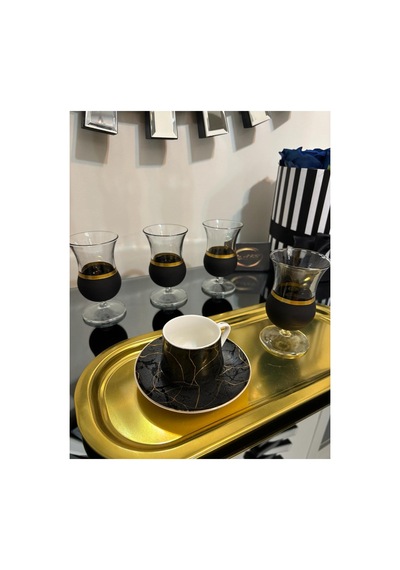 Gala 4'lü Kahve Yanı Su Bardağı, Çay Bardağı, Yaldızlı Black 4'lü Ayaklı Bardak Gold-yaldız-çok Renkli-siyah