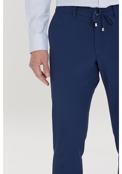 AC&Co / Altınyıldız Classics Erkek Lacı Slim Fit Dar Kesim Beli Bağlamalı Yan Cep Gofre Desenli Pantolon Lacivert