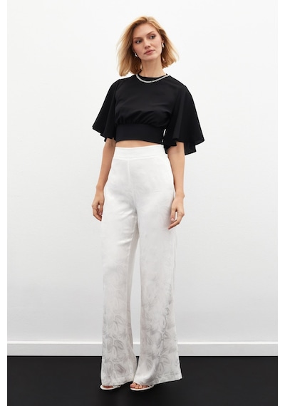 Sateen Jakarlı Salaş Pantolon - Ekru