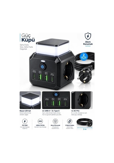 Akım Korumalı 3'lü Priz 2200w 1050j 10a Gece Lambalı 2 Usb 2 Type-c Şarj Girişli Bsp-4 2 M