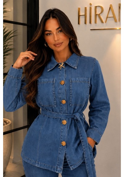 Hiramir Kadın Kot Takım Düğme Detaylı Kuşaklı Ceket Bol Paça Pantolon Takım Yz2521 Laci