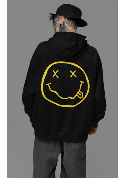 Sevbano Nirvana Yazılı Unisex Oversize Tasarım Hoodie Siyah