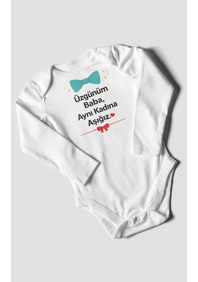 Morivokids Üzgünüm Baba Aynı Kadına Aşığız Uzun Kollu Çıtçıtlı Bebek Body Beyaz