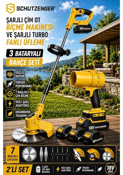 Schutzenger 746RN 3 Akülü Şarjlı Turbo Fan Üfleme Makinesi Ve Şarjlı Ot Çim Biçme Makinesi 7 Başlıklı Tırpan Set Sarı