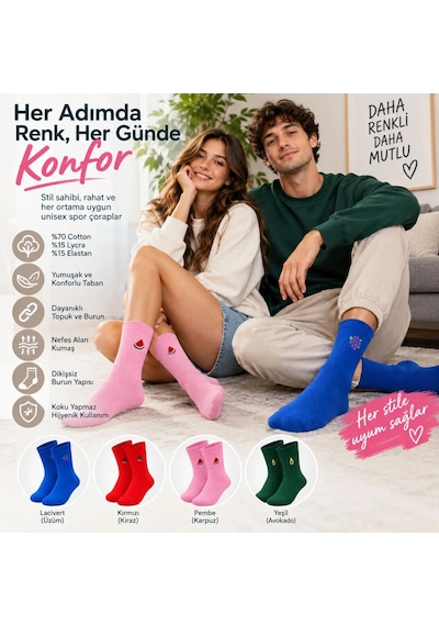 Çorap Giyim Kadın Çorap Meyve Nakışlı Renkli 8'li Set Üzüm Kiraz Karpuz Avokado Desenli Günlük Uzun Soket Çorabı Çok Renkli