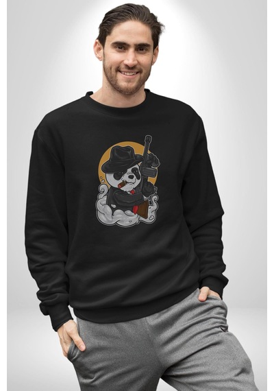 Gangster Panda Unisex Siyah Baskılı Sweatshirt Siyah