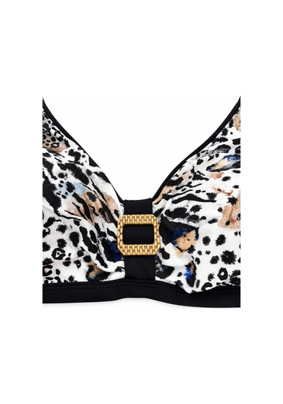 Büyük Beden Sabit Pedli Luplu Leopar Desenli Toparlayıcı Yüksek Bel Kadın Bikini Takım Bej