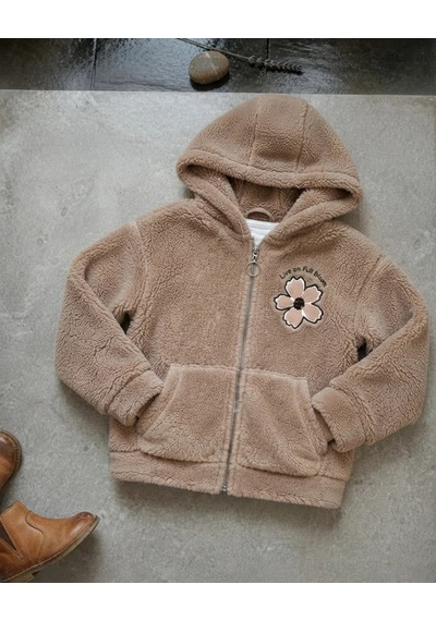 Flower Kız Çocuk Çiçek Nakışlı Peluş Kapüşonlu Kahverengi Hırka Kışlık Açık Kahverengi