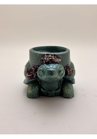Kaplumbağa Çiçekli Tealight Mumluk Mavi Altın Reçine