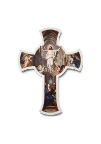 Katedral Mimarili Ahşap Duvar Haçı - Hz. İsa, Meryem Ana Ve Melekler Kabartma Dini Dekor Tek Parça