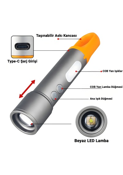 X723 Şarjlı Kamp Feneri Ve El Feneri 9 Modlu Led + Cob Işık, Zoom, Type-c Şarjlı, Askılı Siyah