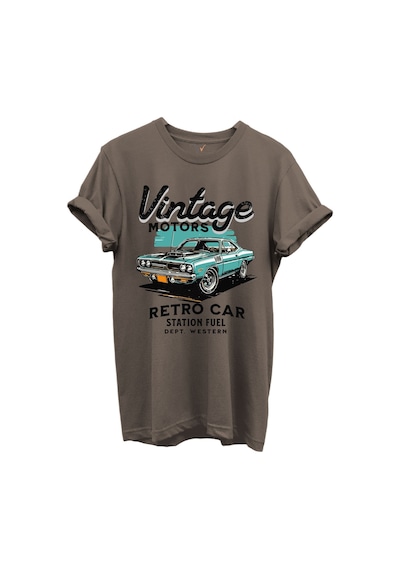 Vintage Motors Yazılı Retro Araba Baskılı %100 Pamuk Regular Fit Unisex T-shirt Kahverengi