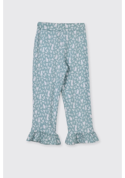 Panço Kız Çocuk Kolları Fırfır Detaylı Kedi Desenli Beli Lastikli Mavi Pijama Takımı 2511GK39004