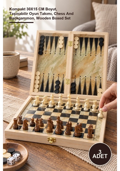 3 Adet Ahşap Kutulu Satranç Ve Tavla Seti Kompakt 30x15 Cm Boyut, Taşınabilir Oyun Takımı, Chess And Backgammon, Wooden Boxed Set