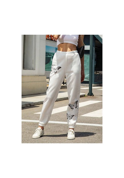 Tarzsokak Butterfly Print Elastic Waist 4 Mevsim Eşofman Beyaz