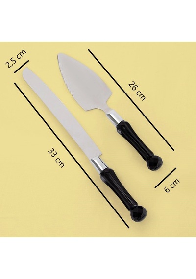 Kristal Saplı Pasta Spatula & Bıçak Servis Seti Siyah Siyah