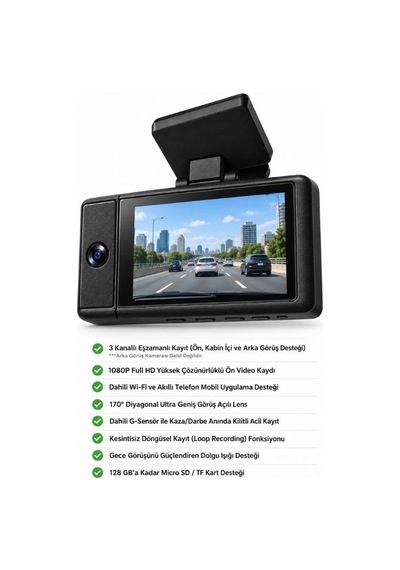 X12 3 Kanallı Wifi Araç İçi Kamera 1080p Fhd Gece Görüşlü G-sensörlü Dashcam