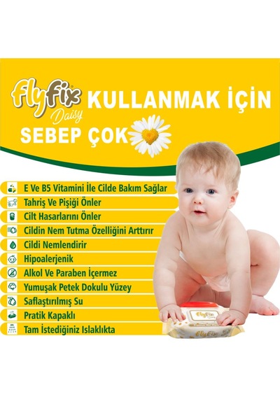 Flyfix Daisy 12 Li 1200 Yaprak Islak Mendil Bebek Havlusu Papatya Kokulu