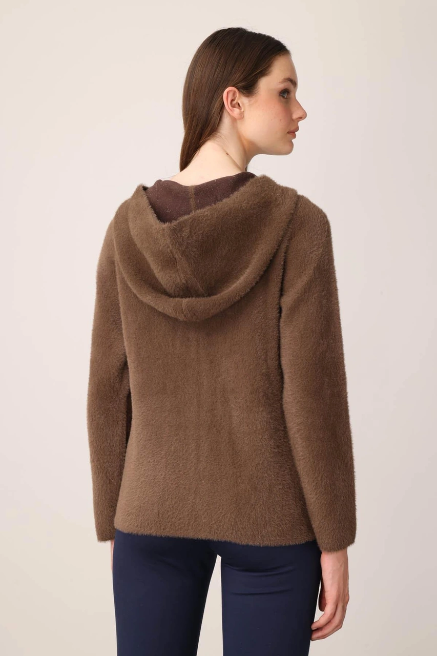 Kadın Kapüşonlu Fermuarlı Kısa Triko Sweatshirt Kahve Kahve