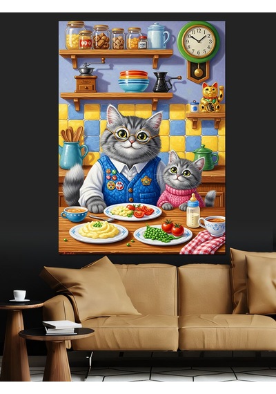 Ahşap Tablo Mutfakta Yemek Yapan Kedi