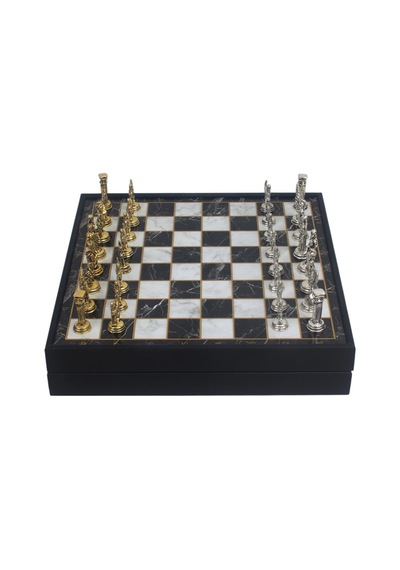 Lüks Sandıklı Metal Satranç Takımı Krom Kaplama Pegasus Atları Figürler Mermer Desenli Zemin 20 Cm