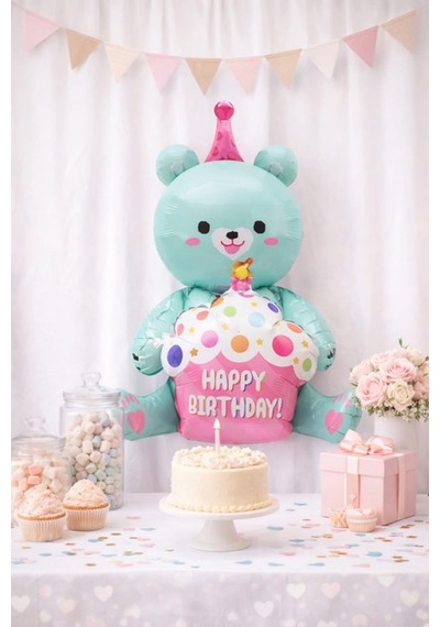 Doğum Günü Ayıcığı Folyo Balon Tatlı Cupcake Tasarım - Retro Pembe Yeşil - Beyaz