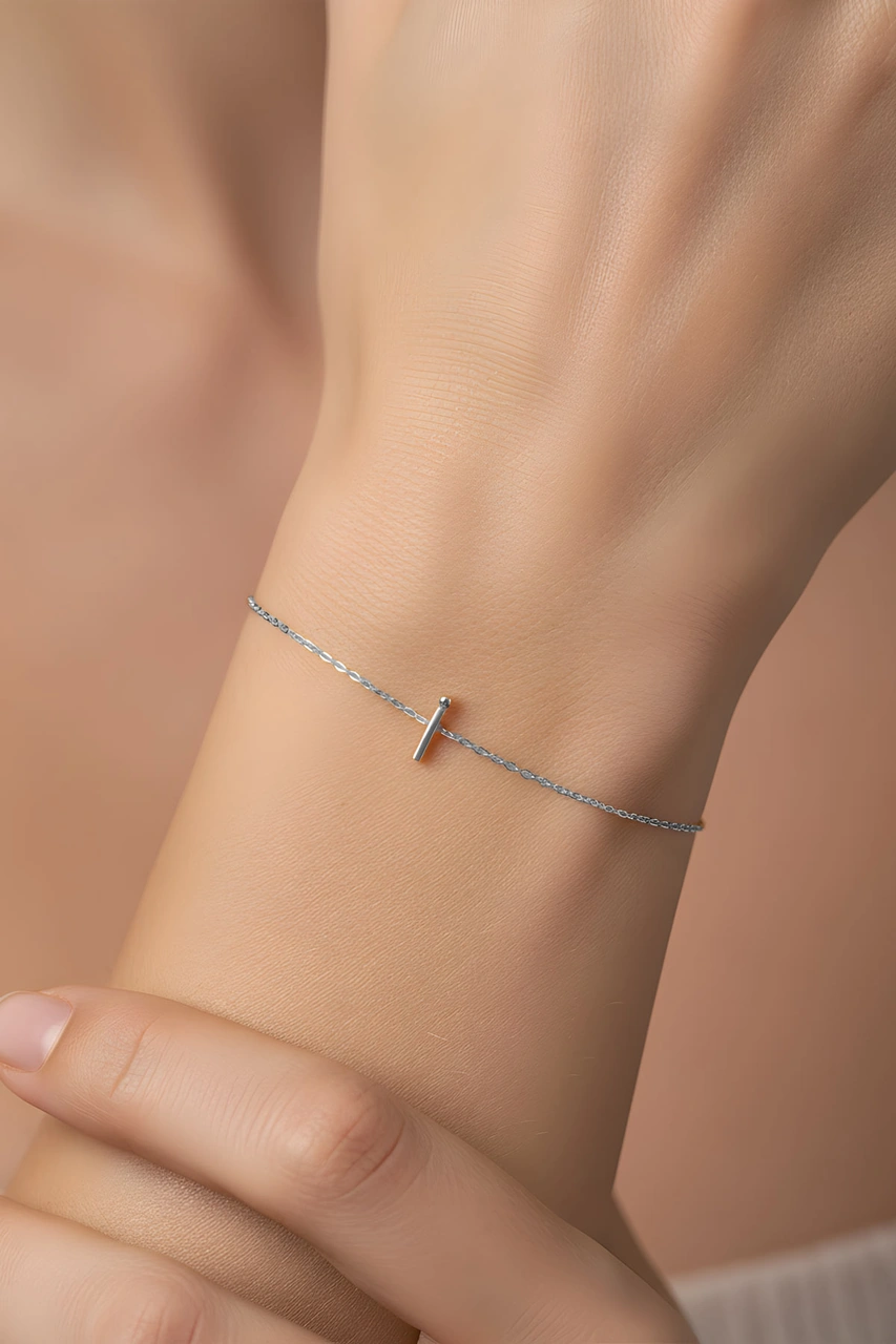 İ Harfi 18 Ayar Beyaz Altın Kaplama 18 Cm Gümüş Bileklik Gümüş