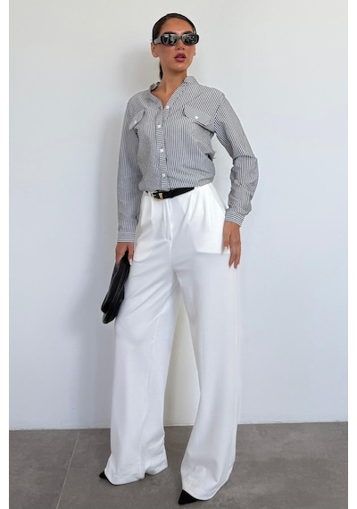 Madmext Siyah Çizgili Gofre Kumaş Kadın Oversize Gömlek Mg1666 Siyah