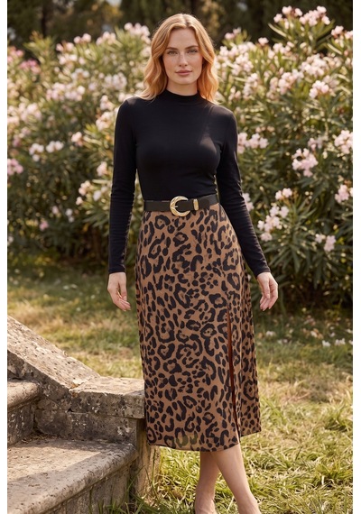 Soulshae Leopar Desenli Yırtmaçlı Kemerli Midi Etek Siyah