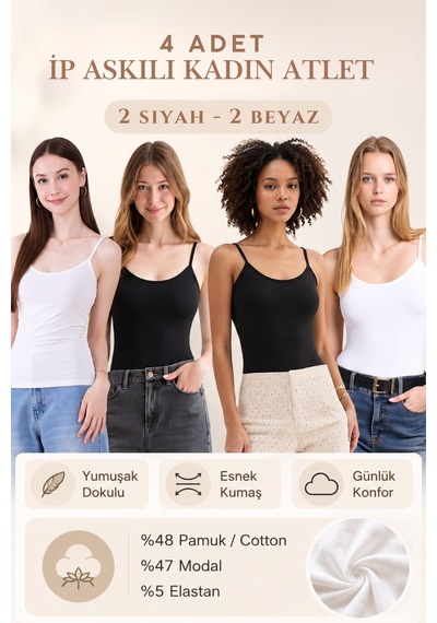 Loule Kadın 4'lü İp Askılı Atlet 2 Beyaz-2 Siyah Modal Pamuk Çok Renkli