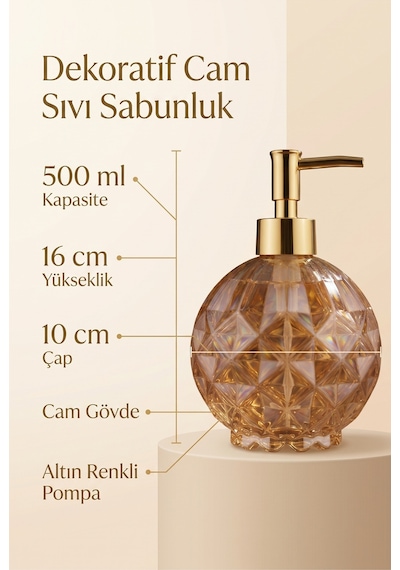 Boby Diamond Küre Cam Sıvı Sabunluk Gold Pompalı Kristal Desenli Dekoratif Banyo Ve Mutfak Dispenseri - 16 Cm X 10 Cm - 500ml - Turuncu