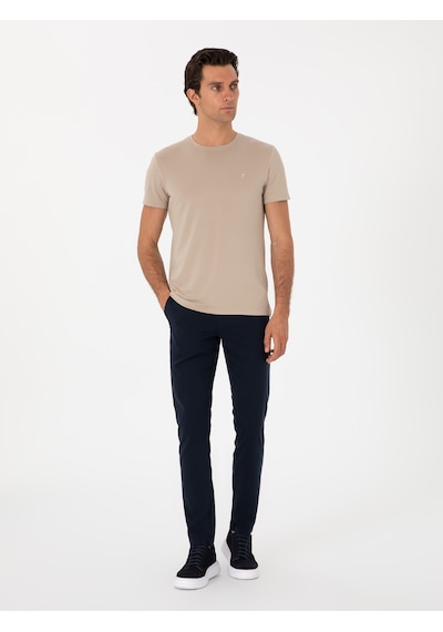 Bej Slim Fit Bisiklet Yaka Pamuklu T-shirt