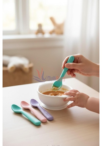 2'li Silikon Mama Kaşığı 15 Cm, Koyu Pembe Çok Renkli