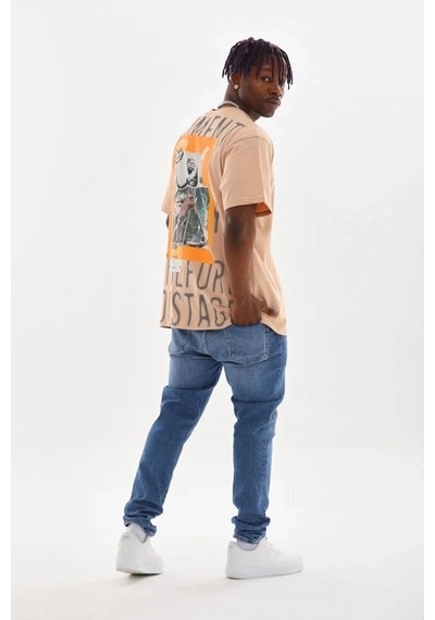 Erkek Baskılı T-shirt Kısa Kol Bisiklet Yaka Rahat Kalıp Tişört - Bej Bej