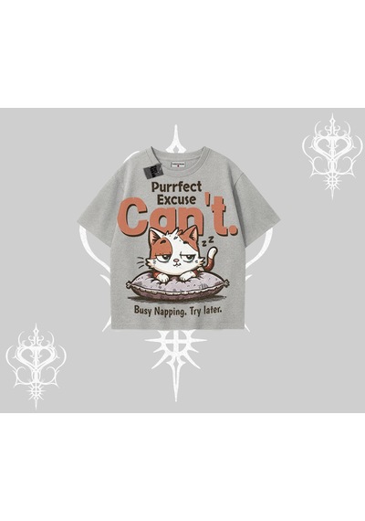 Tarzsokak Kedi Baskılı Cant Busy Napping Y2k Oversize Tshirt Gri