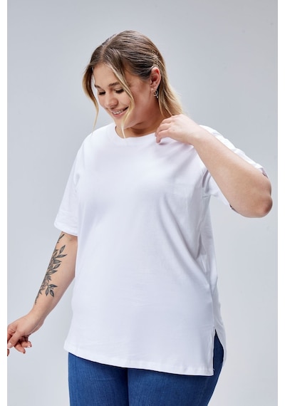 Banega Curve Büyük Beden Beyaz Boyfriend Bisiklet Yaka Yırtmaçlı Pamuk Örme T-shirt Beyaz