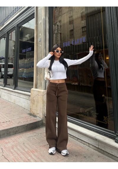 Out Of Standart Kadın Wide-leg Kalıp Beli Lastikli Kordon Detaylı Eşofman Altı Kahve