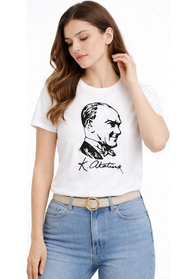 Wear Vexel Kadın Atatürk Baskılı Tişört Kısa Kollu Bisiklet Yaka T-shirt - Beyaz Beyaz